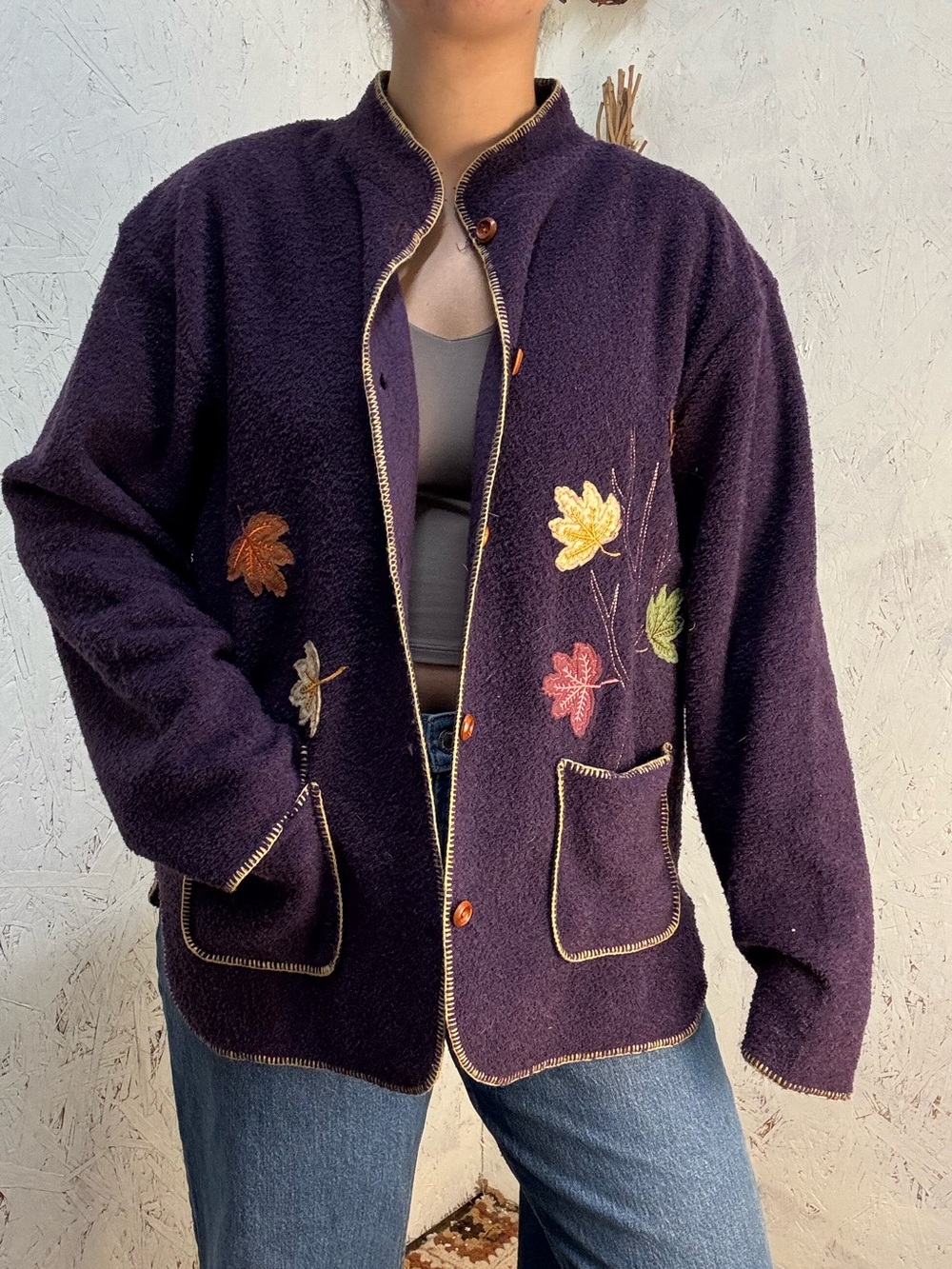 Vintage Kid-U-Not Fall Embroidered Fleece Purple Cardigan Jacket Size XL